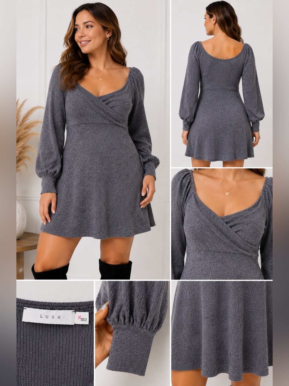 Lush Gray Knit Surplice Puff Sleeve Mini Dress M